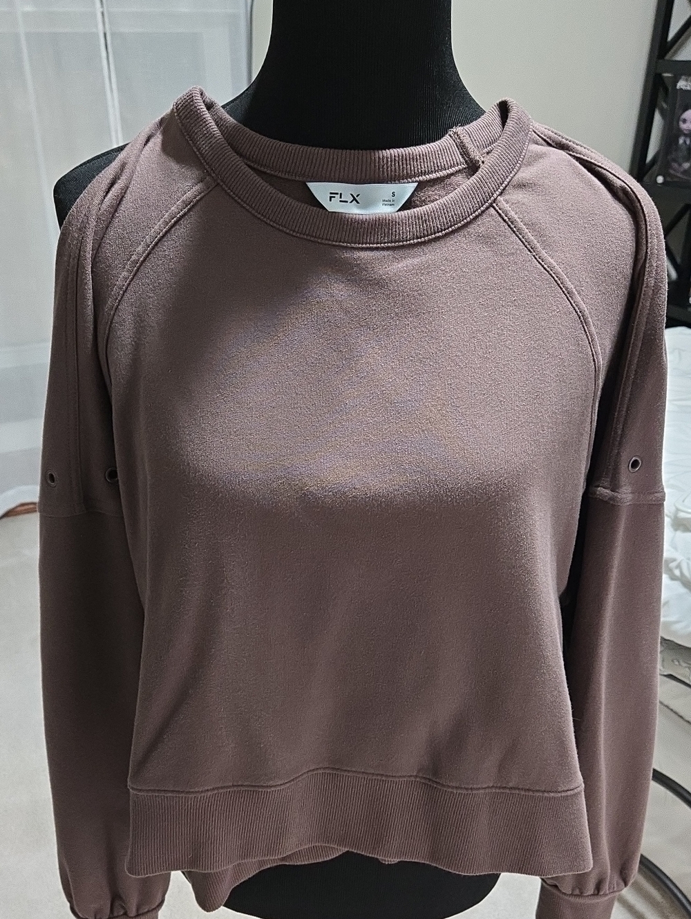 Women's Brown Crew Sweatshirt with Grommet Sleeve Detail